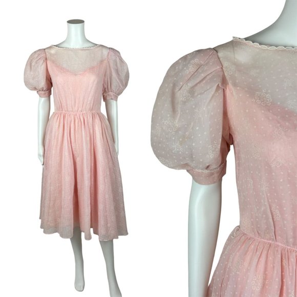 Vintage 80s Pink Party Dress Princess Formal Fit & Flare Puff Sleeves